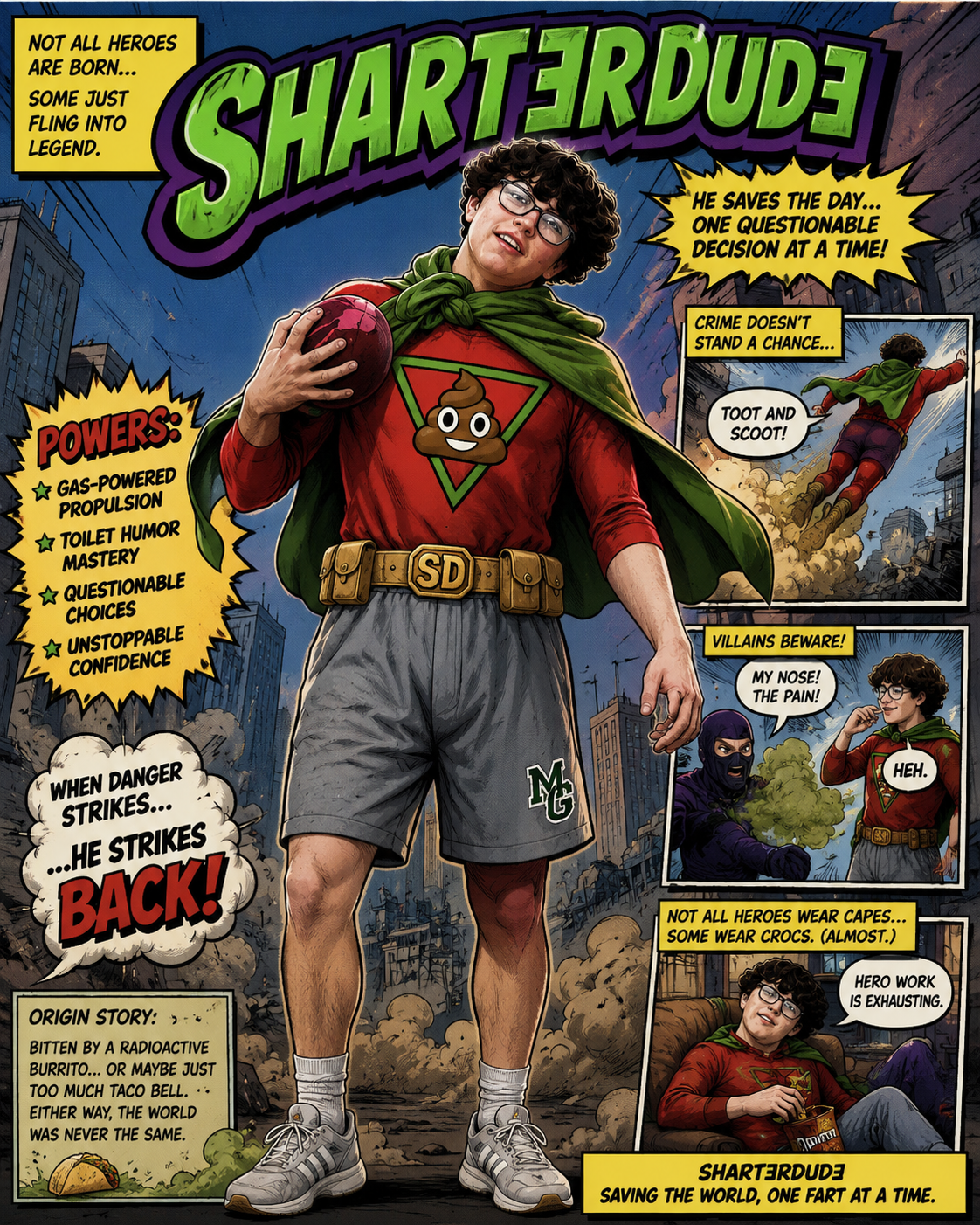 Comic-style superhero poster featuring Shart3rdud3 in a city scene.
